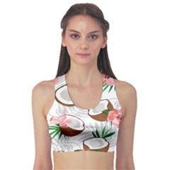 Seamless Pattern Coconut Piece Palm Leaves With Pink Hibiscus Fitness Sports Bra by Apen