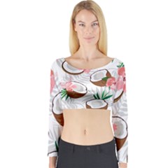 Seamless Pattern Coconut Piece Palm Leaves With Pink Hibiscus Long Sleeve Crop Top by Apen