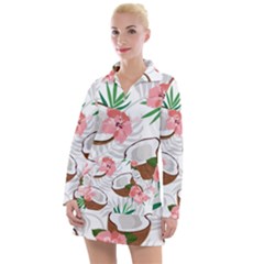 Seamless Pattern Coconut Piece Palm Leaves With Pink Hibiscus Women s Long Sleeve Casual Dress by Apen