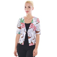 Seamless Pattern Coconut Piece Palm Leaves With Pink Hibiscus Cropped Button Cardigan by Apen