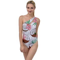 Seamless Pattern Coconut Piece Palm Leaves With Pink Hibiscus To One Side Swimsuit