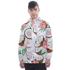 Seamless Pattern Coconut Piece Palm Leaves With Pink Hibiscus Men s Front Pocket Pullover Windbreaker