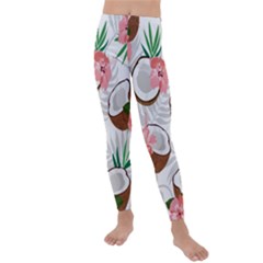 Seamless Pattern Coconut Piece Palm Leaves With Pink Hibiscus Kids  Lightweight Velour Leggings