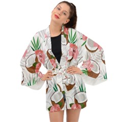 Seamless Pattern Coconut Piece Palm Leaves With Pink Hibiscus Long Sleeve Kimono by Apen