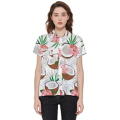 Seamless Pattern Coconut Piece Palm Leaves With Pink Hibiscus Short Sleeve Pocket Shirt