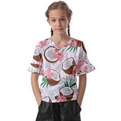 Seamless Pattern Coconut Piece Palm Leaves With Pink Hibiscus Kids  V-neck Horn Sleeve Blouse by Apen