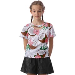 Seamless Pattern Coconut Piece Palm Leaves With Pink Hibiscus Kids  Front Cut T-shirt