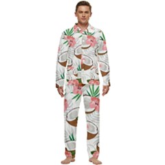 Seamless Pattern Coconut Piece Palm Leaves With Pink Hibiscus Men s Long Sleeve Velvet Pocket Pajamas Set