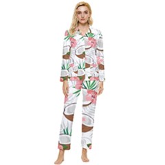 Seamless Pattern Coconut Piece Palm Leaves With Pink Hibiscus Womens  Long Sleeve Velvet Pocket Pajamas Set