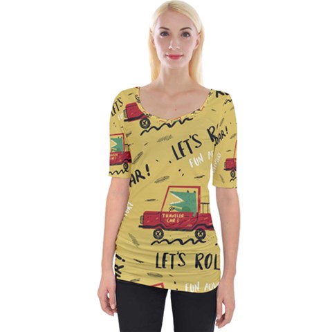 Childish Seamless Pattern With Dino Driver Wide Neckline T-shirt by Apen