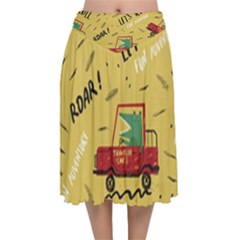 Childish Seamless Pattern With Dino Driver Velvet Flared Midi Skirt by Apen