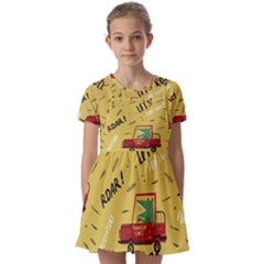 Childish Seamless Pattern With Dino Driver Kids  Short Sleeve Pinafore Style Dress by Apen