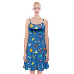 Space Rocket Solar System Pattern Spaghetti Strap Velvet Dress