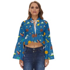 Space Rocket Solar System Pattern Boho Long Bell Sleeve Top by Apen