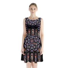 Chartres Cathedral Notre Dame De Paris Stained Glass Sleeveless Waist Tie Chiffon Dress by Maspions