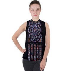 Chartres Cathedral Notre Dame De Paris Stained Glass Mock Neck Chiffon Sleeveless Top