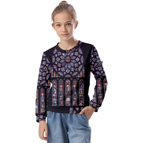 Chartres Cathedral Notre Dame De Paris Stained Glass Kids  Long Sleeve T-shirt With Frill  by Maspions