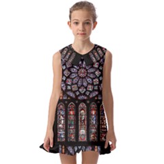 Chartres Cathedral Notre Dame De Paris Stained Glass Kids  Pilgrim Collar Ruffle Hem Dress by Maspions