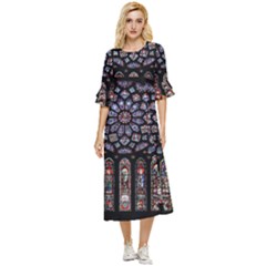 Chartres Cathedral Notre Dame De Paris Stained Glass Double Cuff Midi Dress by Maspions