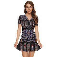 Chartres Cathedral Notre Dame De Paris Stained Glass V-neck High Waist Chiffon Mini Dress by Maspions