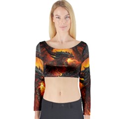 Dragon Fire Fantasy Art Long Sleeve Crop Top by Maspions