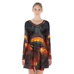 Dragon Fire Fantasy Art Long Sleeve Velvet V-neck Dress