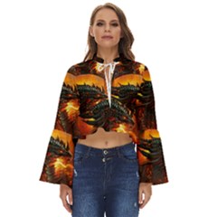 Dragon Fire Fantasy Art Boho Long Bell Sleeve Top by Maspions