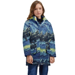 Spaceship Starry Night Van Gogh Painting Kids  Hooded Longline Puffer Jacket