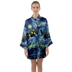 Spaceship Starry Night Van Gogh Painting Long Sleeve Satin Kimono by Maspions