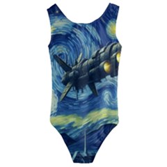 Spaceship Starry Night Van Gogh Painting Kids  Cut-out Back One Piece Swimsuit