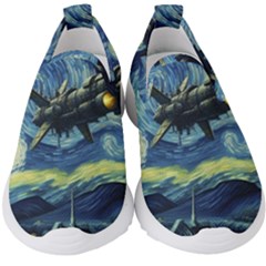 Spaceship Starry Night Van Gogh Painting Kids  Slip On Sneakers by Maspions