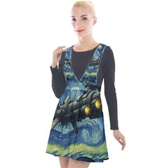 Spaceship Starry Night Van Gogh Painting Plunge Pinafore Velour Dress by Maspions