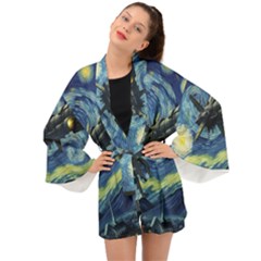 Spaceship Starry Night Van Gogh Painting Long Sleeve Kimono