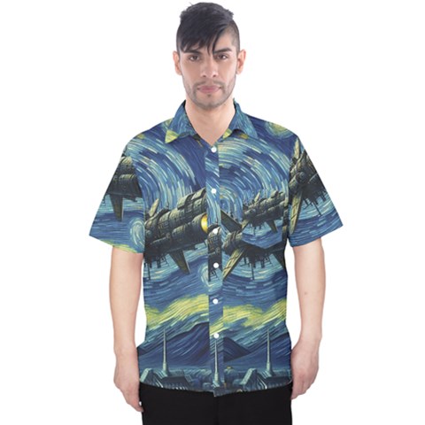 Spaceship Starry Night Van Gogh Painting Men s Hawaii Shirt by Maspions