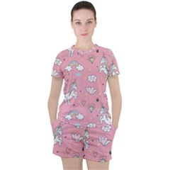 Cute Unicorn Seamless Pattern Women s T-shirt And Shorts Set