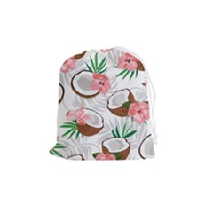 Seamless Pattern Coconut Piece Palm Leaves With Pink Hibiscus Drawstring Pouch (medium) by Apen