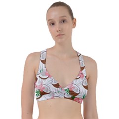 Seamless Pattern Coconut Piece Palm Leaves With Pink Hibiscus Sweetheart Sports Bra