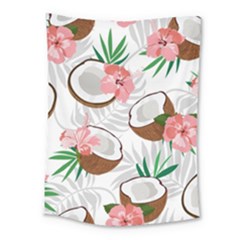 Seamless Pattern Coconut Piece Palm Leaves With Pink Hibiscus Medium Tapestry