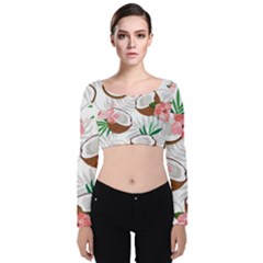 Seamless Pattern Coconut Piece Palm Leaves With Pink Hibiscus Velvet Long Sleeve Crop Top by Apen