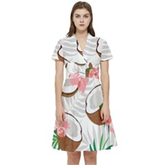 Seamless Pattern Coconut Piece Palm Leaves With Pink Hibiscus Short Sleeve Waist Detail Dress by Apen