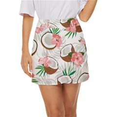 Seamless Pattern Coconut Piece Palm Leaves With Pink Hibiscus Mini Front Wrap Skirt