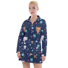 Cute Astronaut Cat With Star Galaxy Elements Seamless Pattern Women s Long Sleeve Casual Dress by Apen