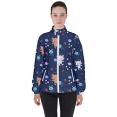 Cute Astronaut Cat With Star Galaxy Elements Seamless Pattern Women s High Neck Windbreaker by Apen