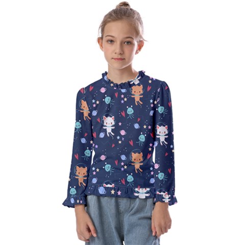 Cute Astronaut Cat With Star Galaxy Elements Seamless Pattern Kids  Frill Detail T-shirt by Apen