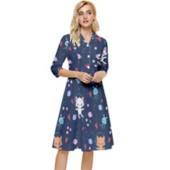Cute Astronaut Cat With Star Galaxy Elements Seamless Pattern Classy Knee Length Dress by Apen