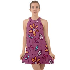 Flowers Petals Leaves Foliage Halter Tie Back Chiffon Dress