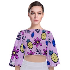 Flowers Petals Pineapples Fruit Tie Back Butterfly Sleeve Chiffon Top