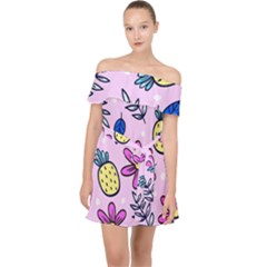 Flowers Petals Pineapples Fruit Off Shoulder Chiffon Dress by Maspions