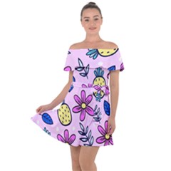 Flowers Petals Pineapples Fruit Off Shoulder Velour Dress by Maspions