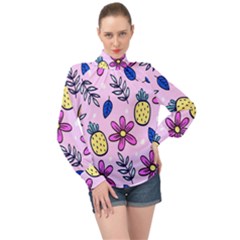 Flowers Petals Pineapples Fruit High Neck Long Sleeve Chiffon Top by Maspions